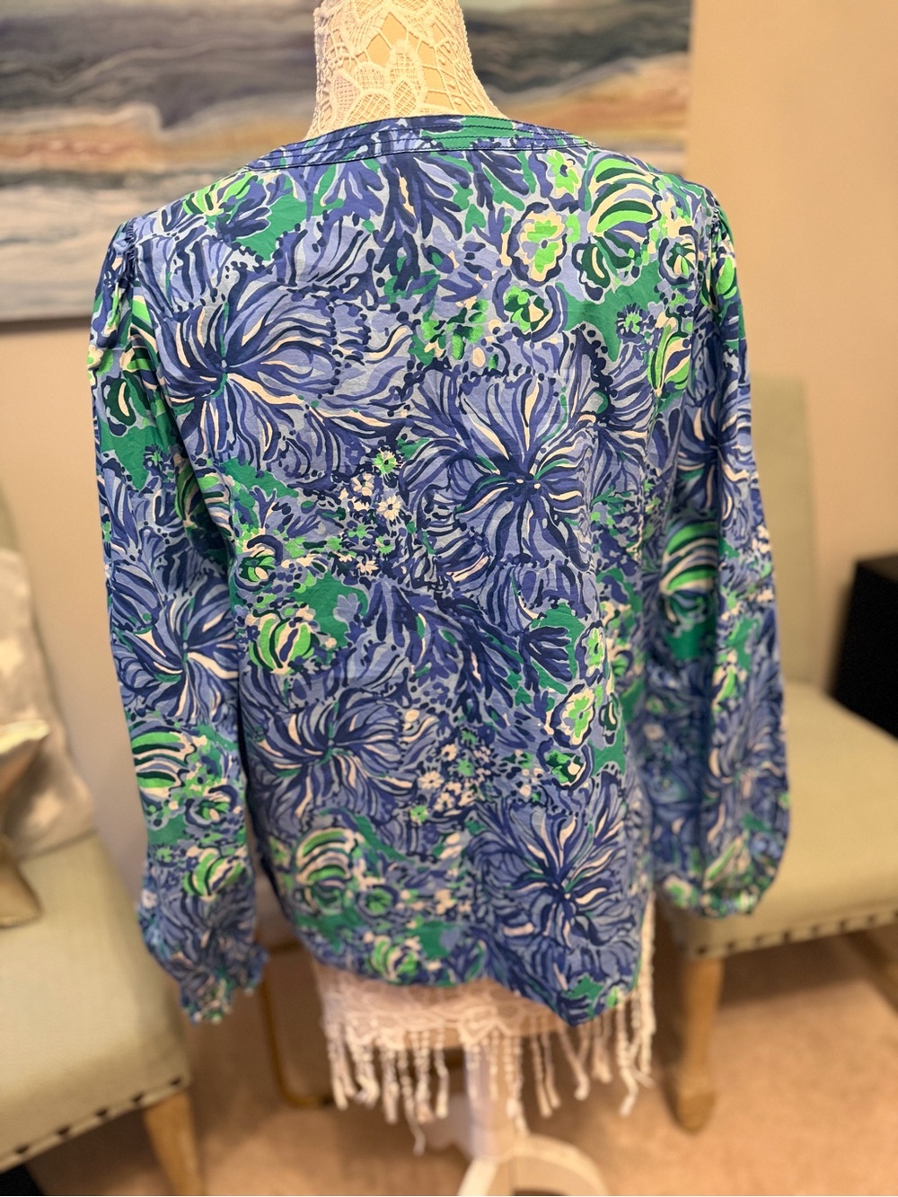 Lilly Pulitzer Floral V-Neck Long-Sleeve Blouse in Blue and Green - Picture 4 of 5